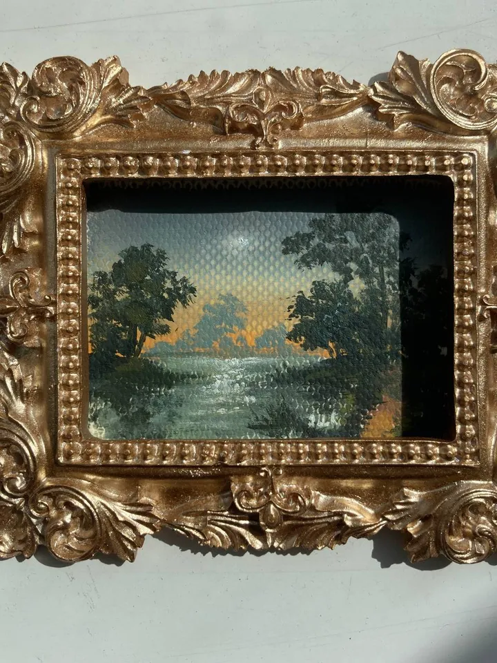 Small Landscape Oil Painting Framed Art Original Moon Painting Antique Gift Renaissance Art Gold Frame Tiny Paintings 3 x 4 Art