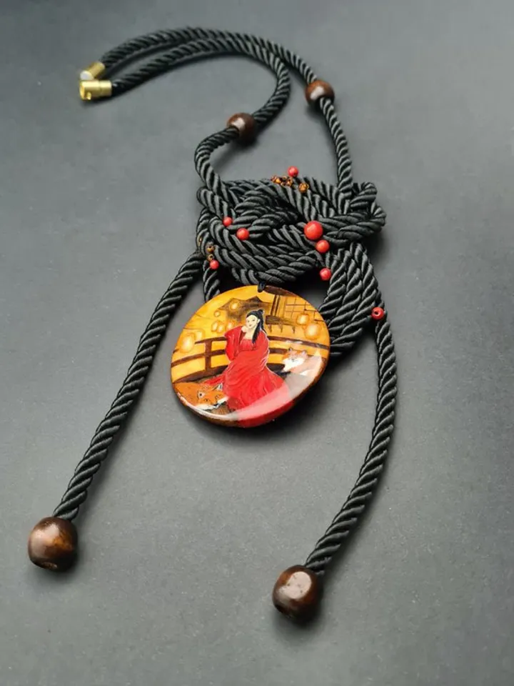 Kitsune necklace real oil painting miniature on jasper One of a kind Present OOA