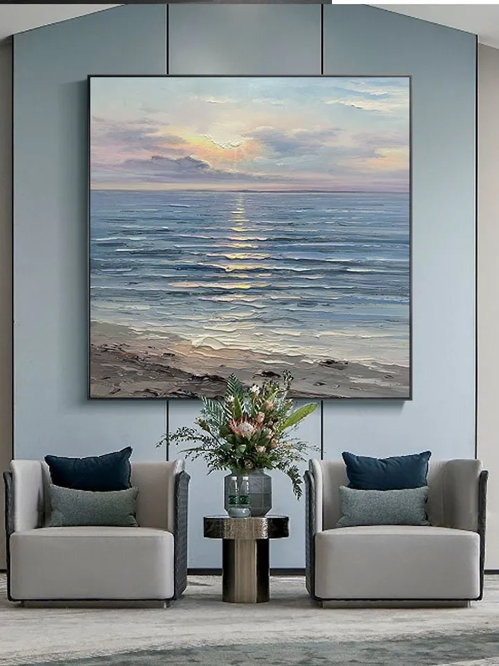Original Oil Painting on Canvas Sea Landscape Painting,Large Wall Sky Sea Painting,Sea Level Painting Of Sunrise Landscape Large Wall Art
