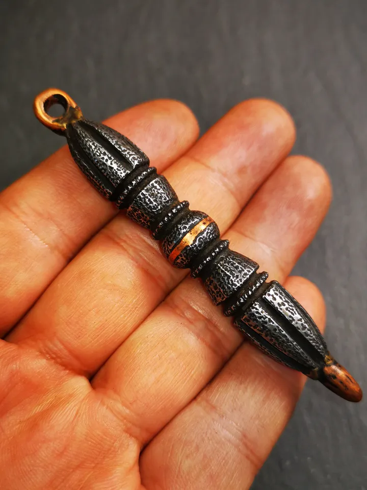 Gandhanra Vintage Tibetan Buddhist Amulet,Nine-pronged Dorje Vajra Pendant,Made of Cold Iron,inlaid Copper Wire,3.5"
