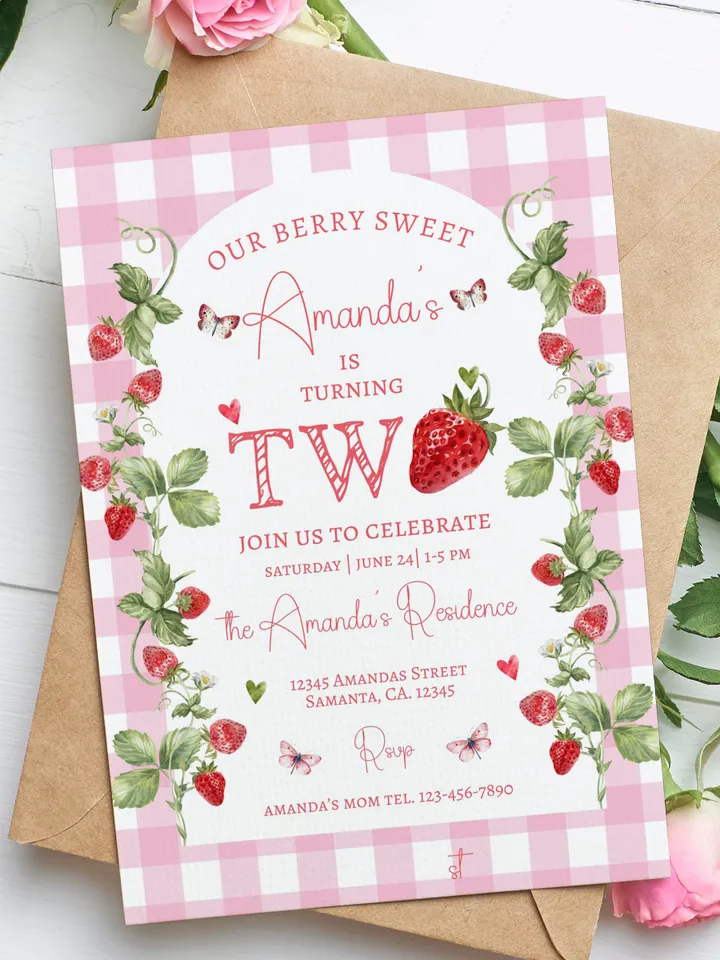 Editable Strawberry Two Sweet 2nd Birthday Party Invitation Berry First Birthday Invitation Summer Berries 2nd Birthday Instant Download