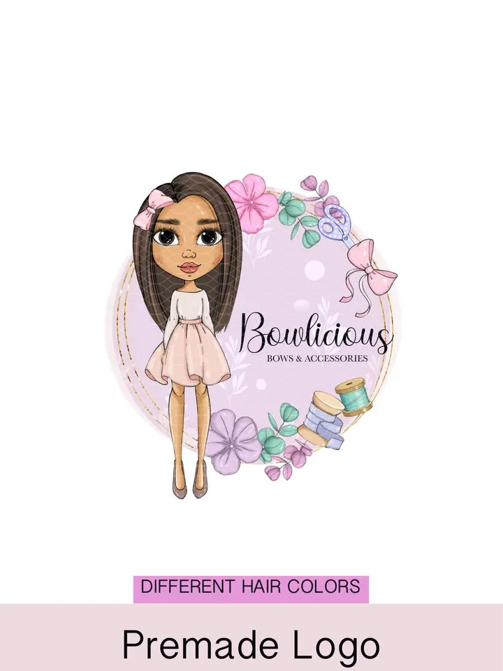 Lovely Bow Hair Accessories Premade Logo, Small Business Logo, Girl Character Logo, Cartoon Logo, Crafter Logo, Handmade Bow Logo Design