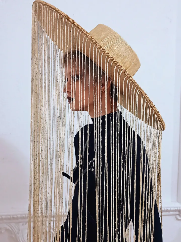 gold hat, hat with fringe, hat with threads to the floor, hat with gold fringe, big hat, sequin hat, party hat, giant hat