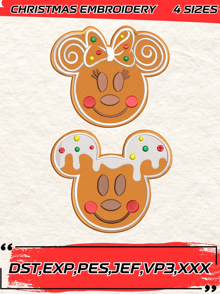 Bundle Gingerbread Mickey And Minnie Face Embroidery Design,Christmas Embroidery Design,4 Sizes,Digital Download