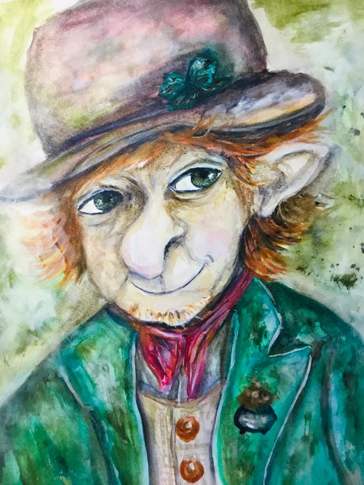 Funny Leprechaun with a pot of gold painting,good luck painting,original watercolour painting wall art,humorous painting,funny portraits.