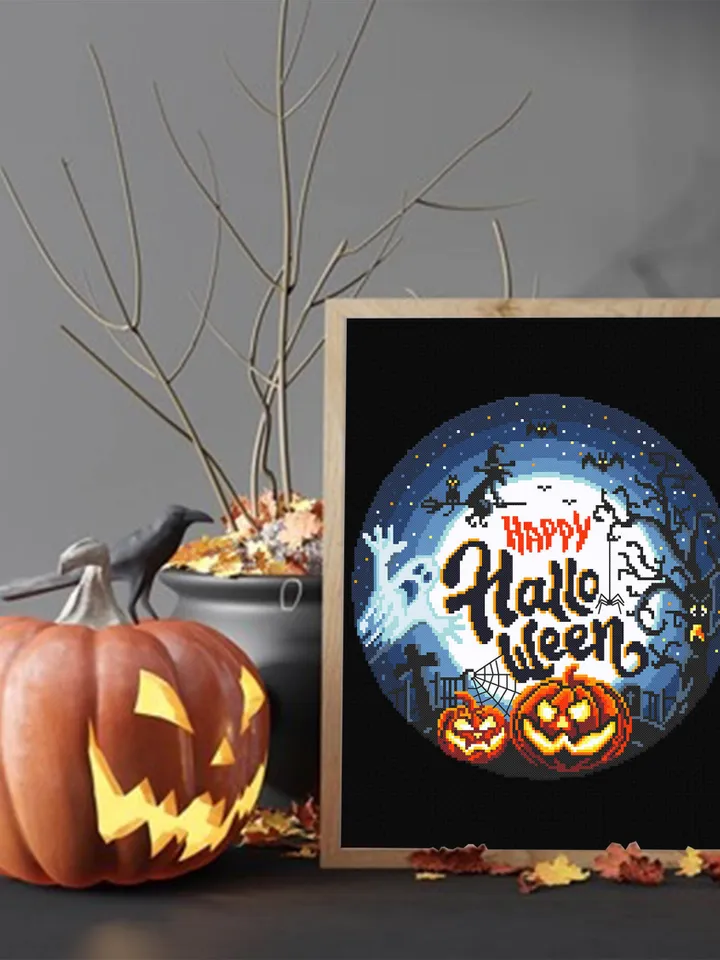Happy Halloween cross stitch pattern download PDF Halloween moon cross stitch Spooky cross stitch chart Halloween night Magic embroidery #H8