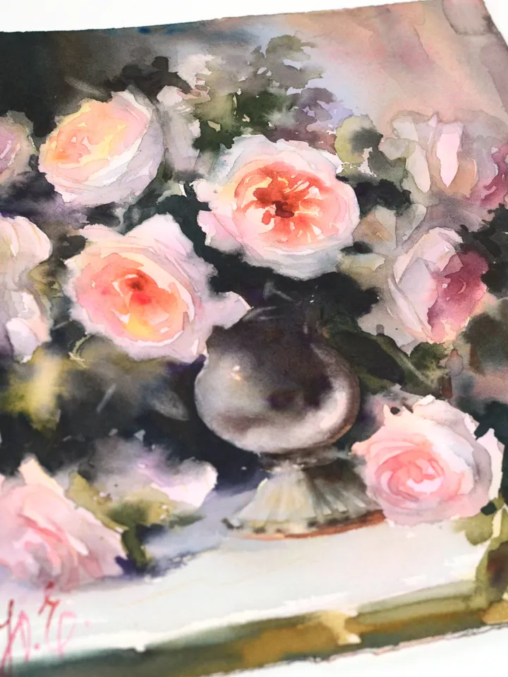 Original painting David Austin roses in watercolor