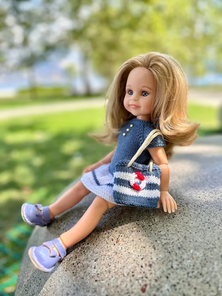 PDF Knitting Marine SET Dress Beret Collar Bag Pattern & Tutorial – Cozy Outfit for 13-Inch Dolls Paola Reina eng