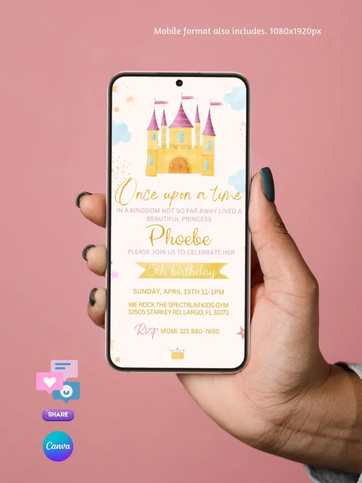 Princess Birthday Party Invitation Card - Watercolor Castle Invite - Editable Canva Template