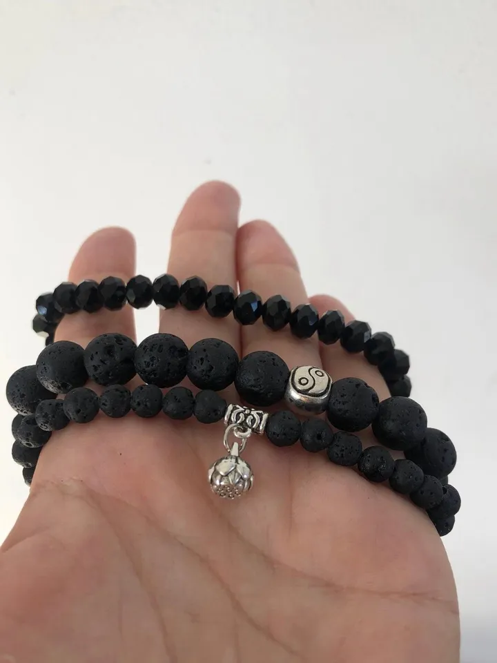 Bracelet Set Women | Set Of Three Genuine Lava Stone and Crystal Handmade Bracelet | Black Bracelet Set | Gemstone Bracelet | Aroma Bracelet