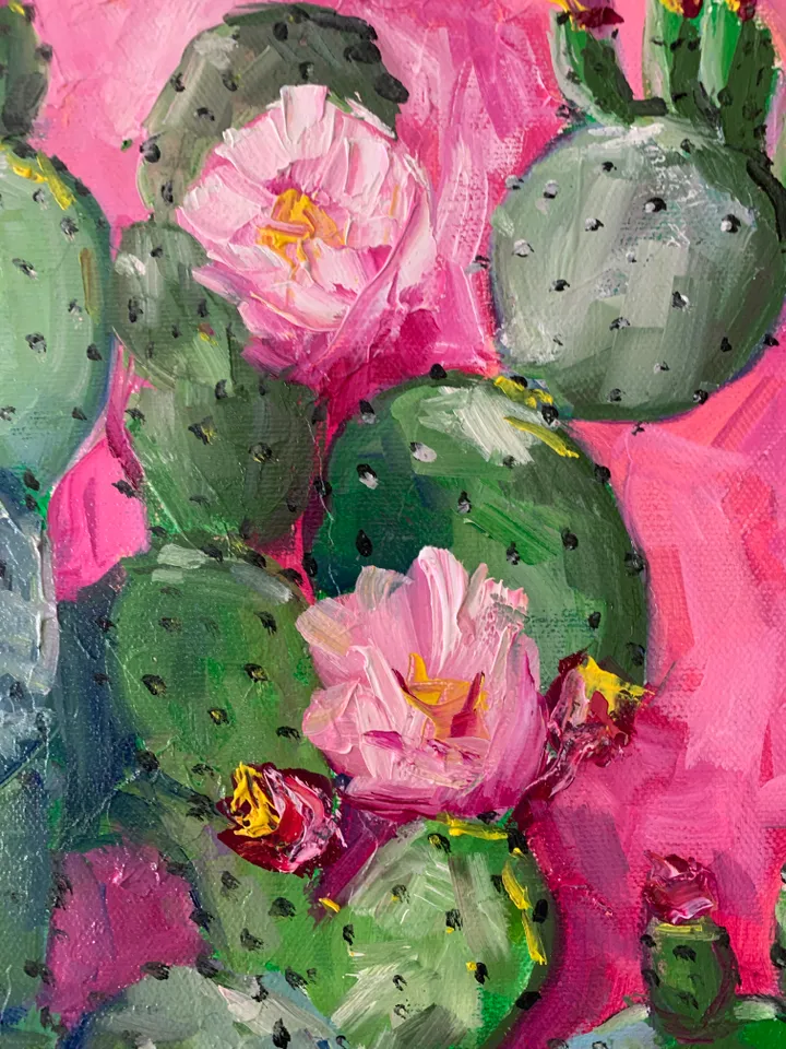 Cactus Painting with Pink Flowers – Original Oil Art on Canvas 16x24 inches