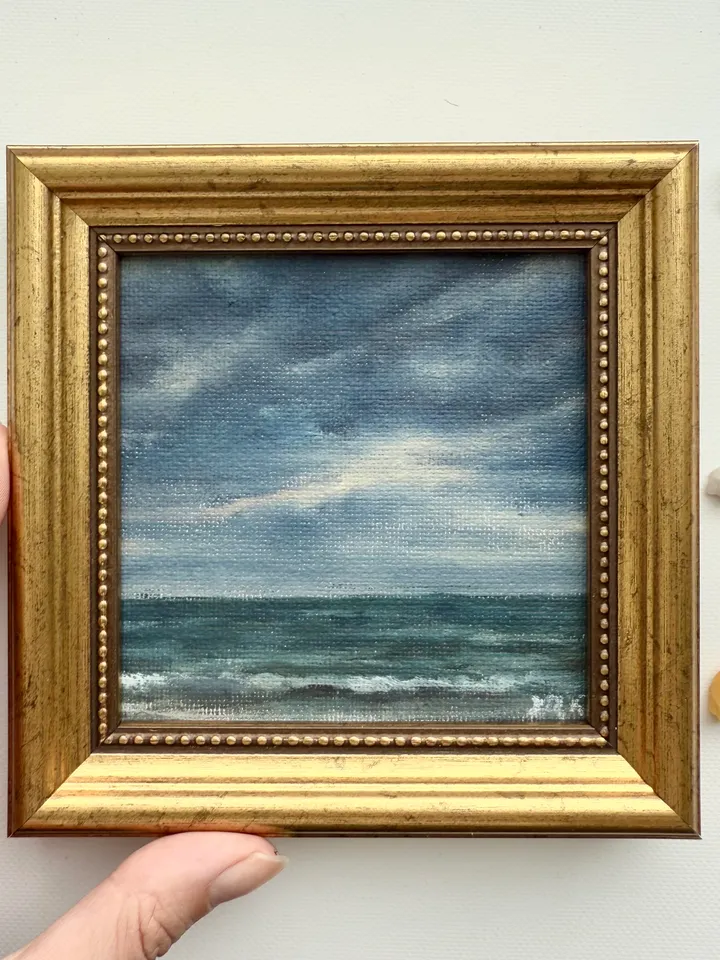 Small Landscape Painting On Canvas Framed Original Coastal Painting Antique Cloud Art Beach Gold Frame Paintings 4 x 4 Art Victorian
