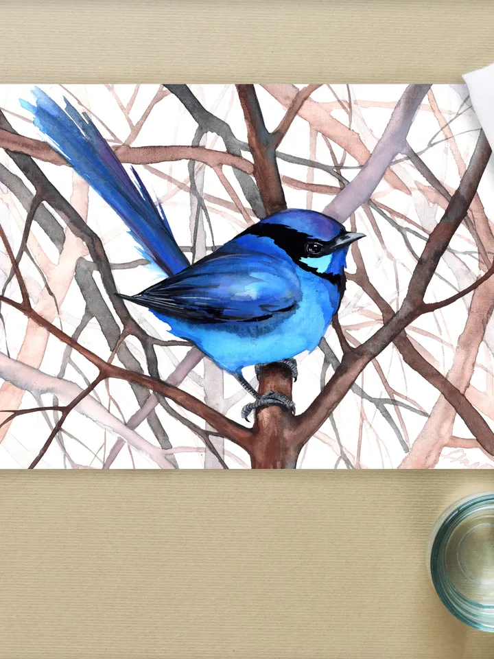 Blue fairy wren original watercolor, bird on the branch painting, bluebird portrait room decor, 8x11 in wall art for bird lovers handmade by Anne Gorywine