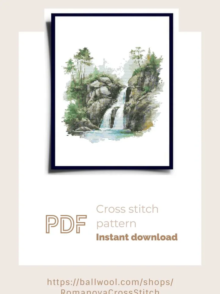Forest Waterfalls cross stitch PDF pattern, Watercolor Forest waterfall embroidery design, Instant download