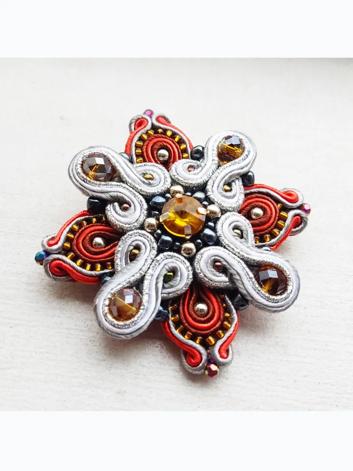 Beaded brooch, orange brooch, gold brooch flower, Embroidered soutache brooch, royal cross brooch