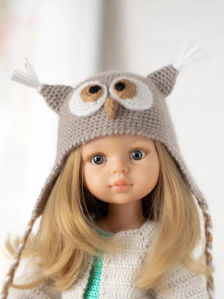 Owl hat for Paola Reina doll, Dumplings, Little Darling, Siblies RRFF for Halloween, animals hat with ears for doll
