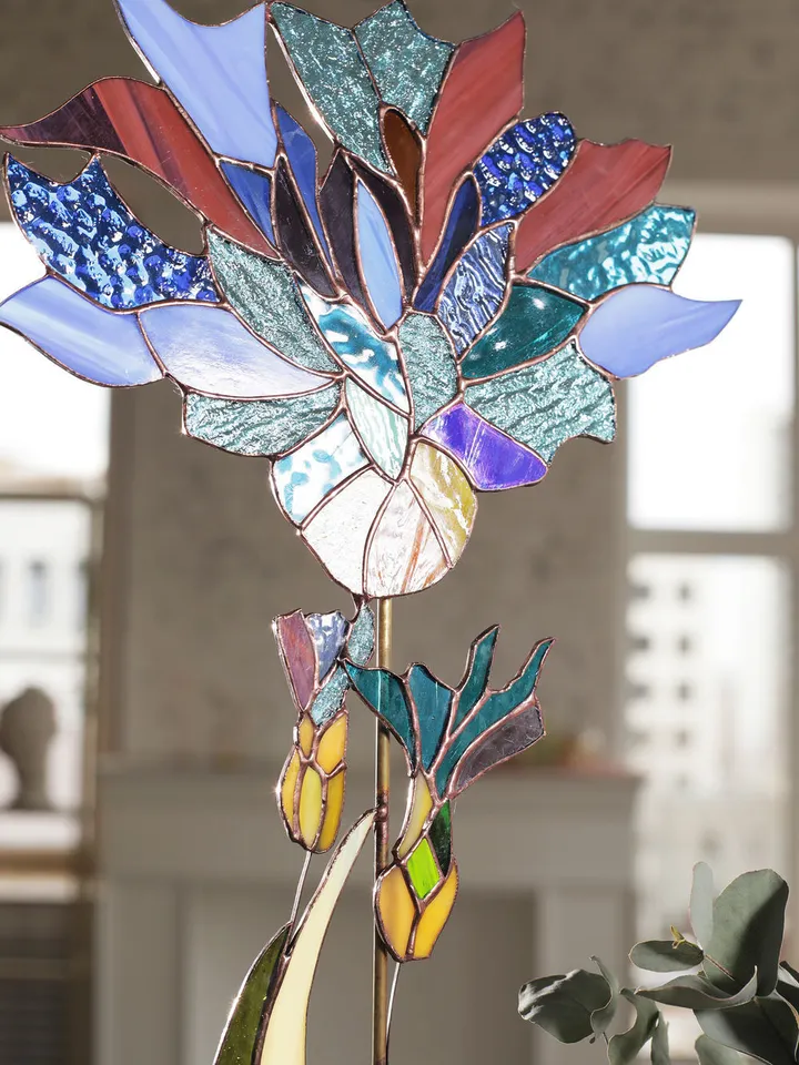Cornflower on a Brass and Cast Stone Stand, Stained Glass Wildflower, Glass Cornflower Art, Tiffany Style Cornflower, Decorative Field Flower, Cornflower on a Stand, Handmade Glass Flower