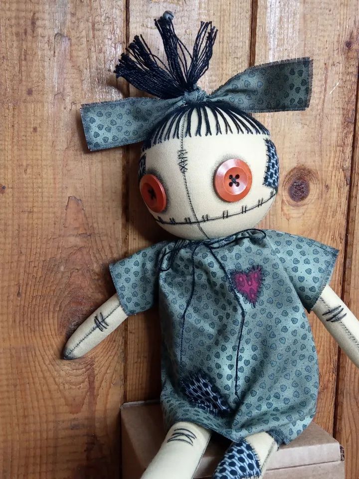 Handmade Doll With Button Eyes (Green Dots)