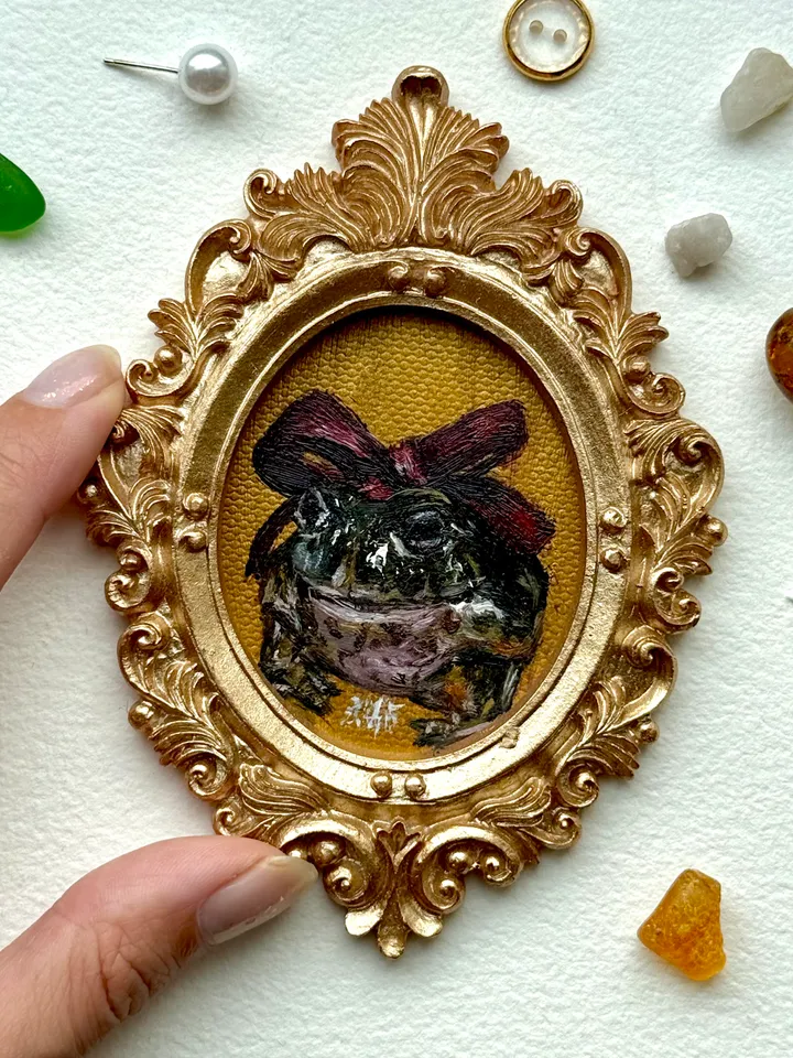 Framed Toad Painting Original Cute Frog Gift Artwork Amphibians Art Oil Painting