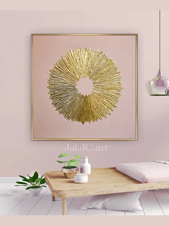 Gold and Pink Abstract Painting Sunburst Textured artwork Original Art Gold Wall Decor Above couch decor by Juliya JC