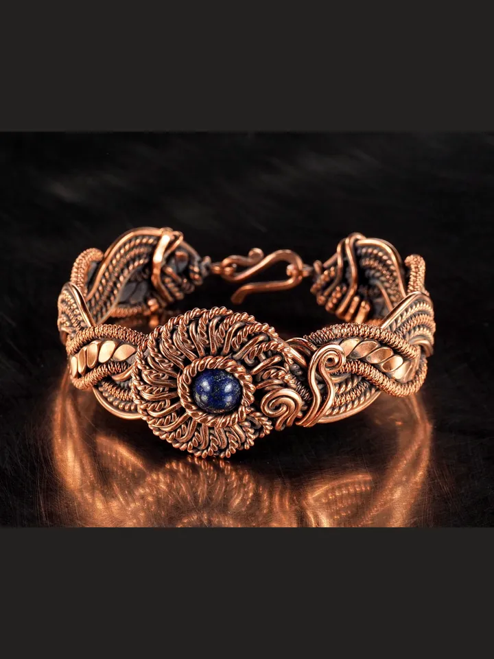 Copper wire wrapped Lapis lazuli bracelet for woman, Statement flower jewelry, 7th Anniversary gift for her woman, Unique copper jewelry, Braided Art Nouveau antique style bracelet, Oxidized pure copper, Handmade