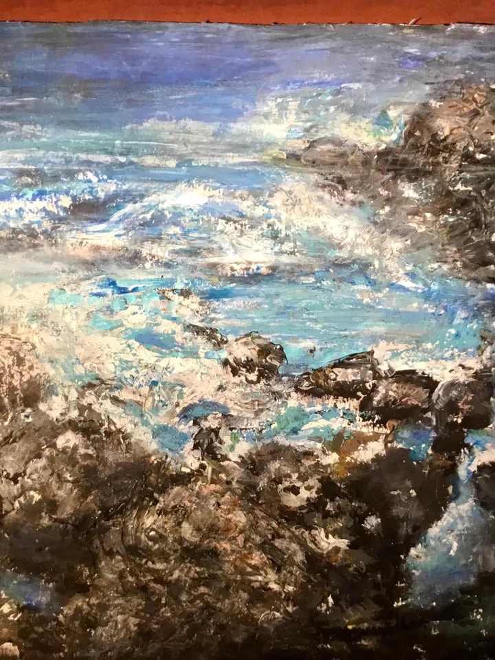 Rocks and ocean original acrylic mix media painting on paper,wall art,semi abstract seascape.