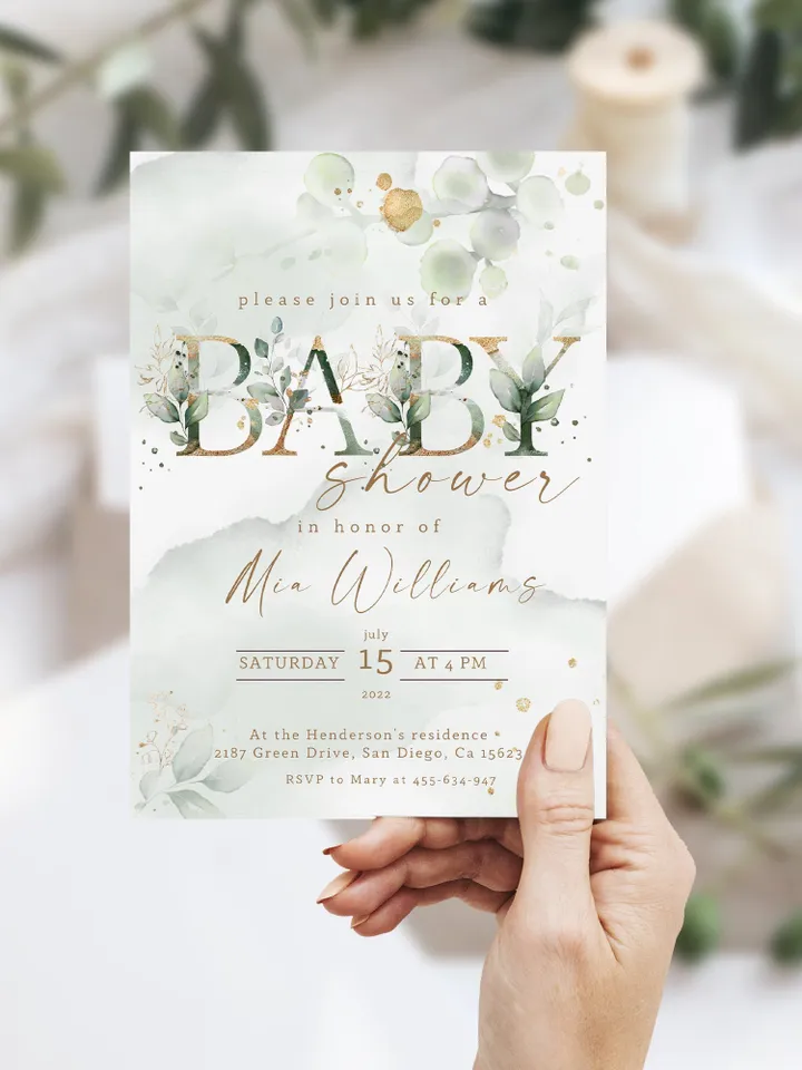 Greenery Baby Shower Invitation Template; Botanical Baby Shower; Green Gold Leaves Baby Shower Invite; Eucalyptus Baby Shower original