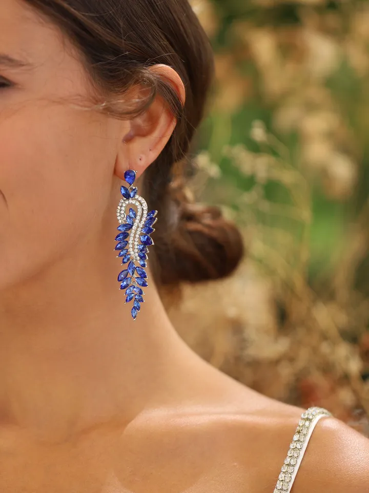 Art Deco Sapphire Blue Bridal Earrings, Blue Crystal Statement Wedding Earrings, Boho Earrings, Bridesmaids Earrings Crystal Drop Earrings