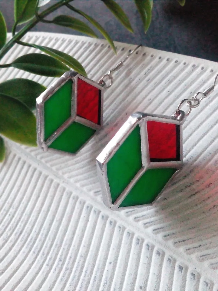 Cube earrrings, hexagon earrings, geometric earrrings, simple stained glass, green stained glass, honeycomb