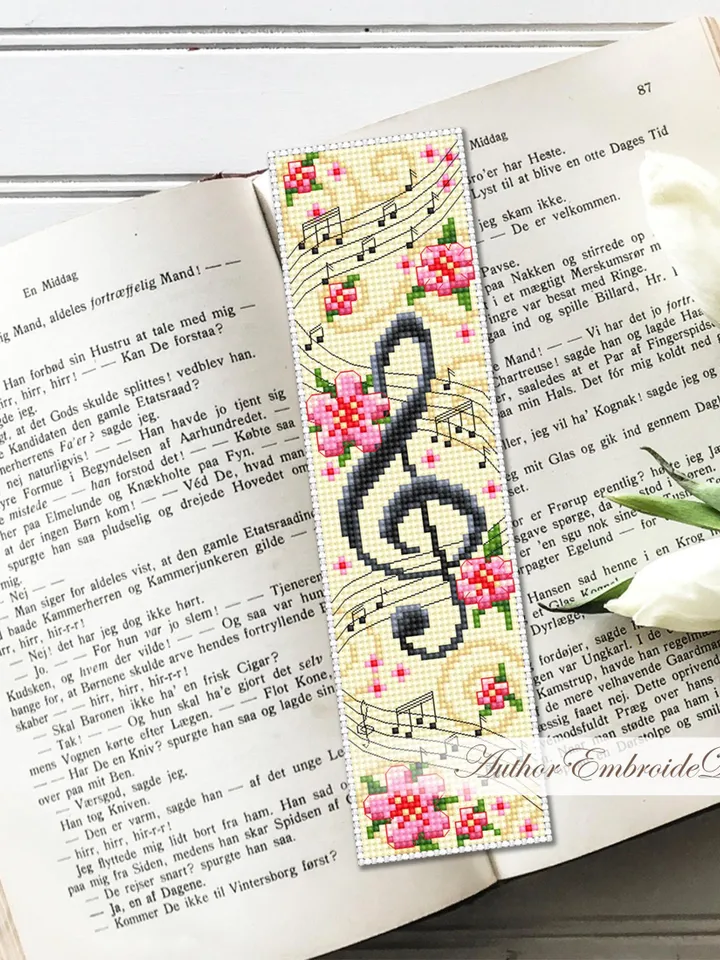 Music bookmark cross stitch pattern PDF download Treble clef cross stitch chart, Flower bookmark pattern digital PDF, Music key notes #B407