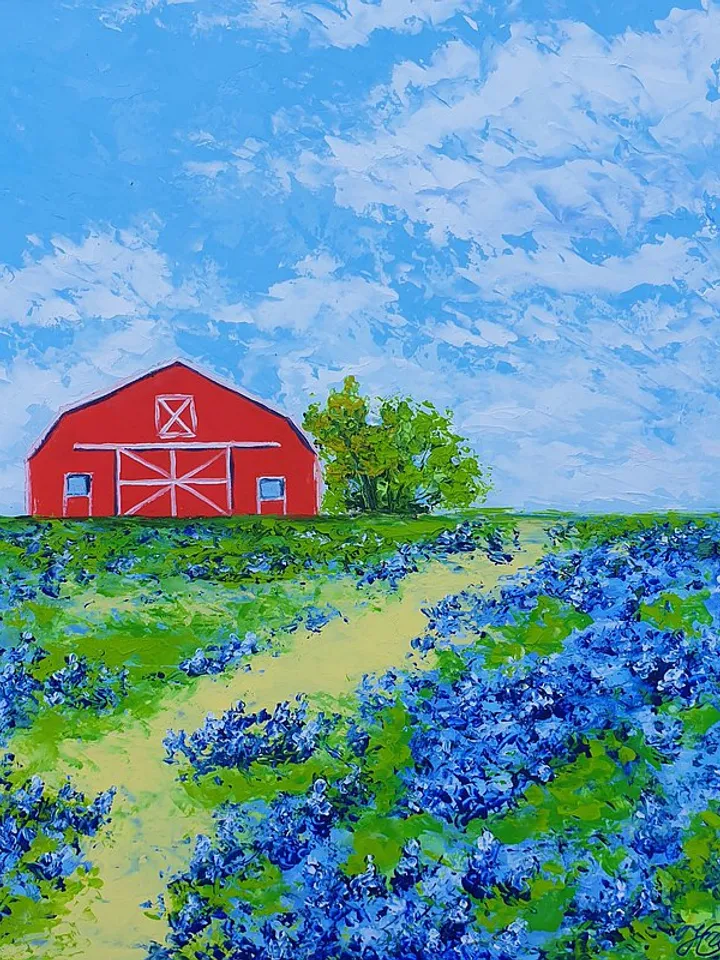 Red Barn Painting Bluebonnet Original Art Floral Wall Art Landscape Artwork