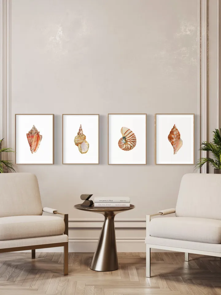 Sea Shell Art, Set Of 4 Art Prints, Watercolor Nautical Painting, Coastal Art Prints, Beach Gift, Seaside Decor, Bathroom Art