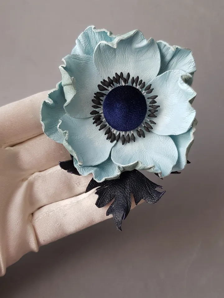 Sky blue leather brooch for her, Leather women's jewelry