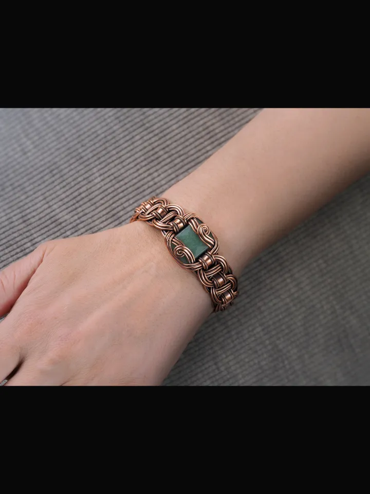 Copper wire wrapped chalcedony bracelet Unique woven copper wire bangle
