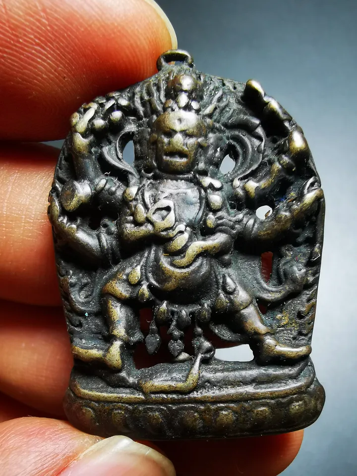 Gandhanra Antique Tibetan Thokcha Amulet Pendant,Mahakala, Buddhist Protector Deity, Made of Thunder Iron