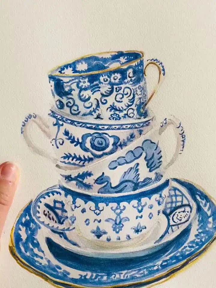 Tea Cups Blue And White Watercolor Wall Art Print Kitchen Poster Tea Lover Gift Vintage Tea Cups Tea Cup Illustration Kitchen Poster Gift