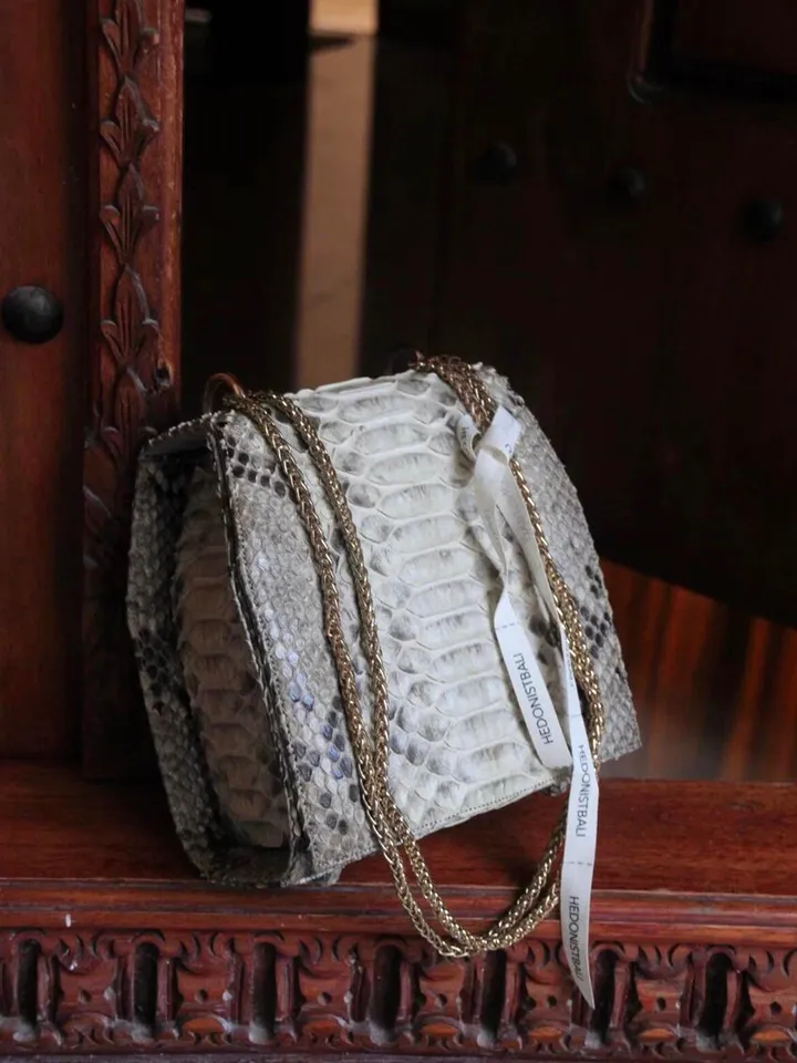 Genuine python skin classy crossbody bag / elegant classy snake print bag / designer gray purse / handbag with chain / classy shoulder bag