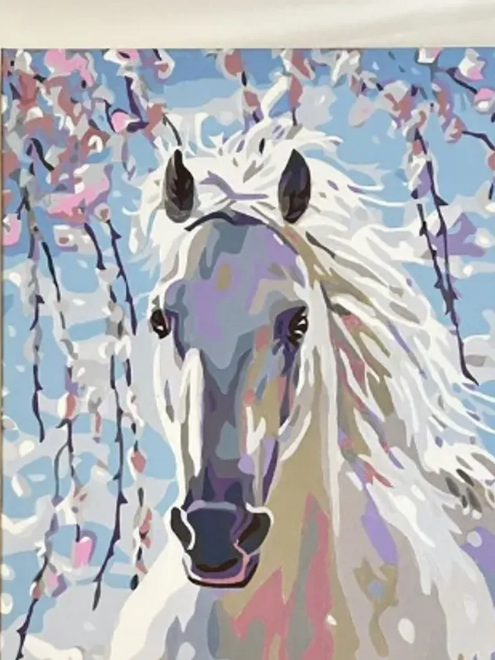Painting on canvas "Horse and sakura", acrylic, size 50 x 40 cm