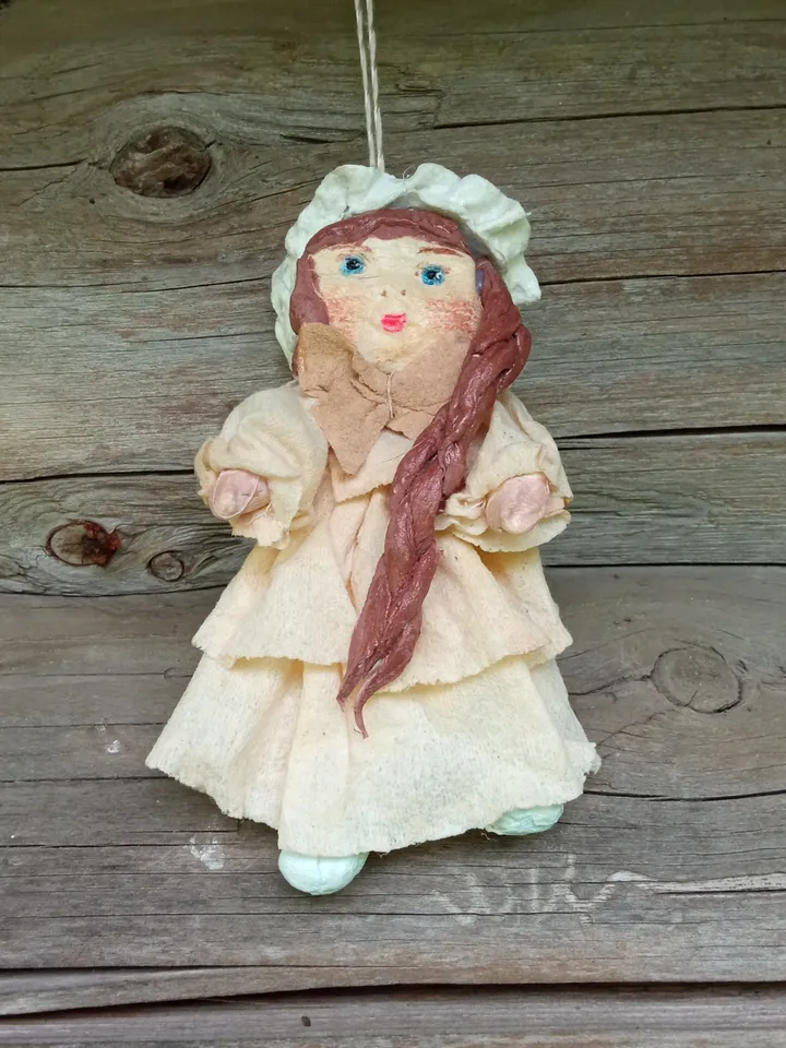Handmade cotton Christmas tree toy. Pendant doll in a beige dress. Little doll. Christmas presents. Xmas decor. Made in 1 copy. Free shipping