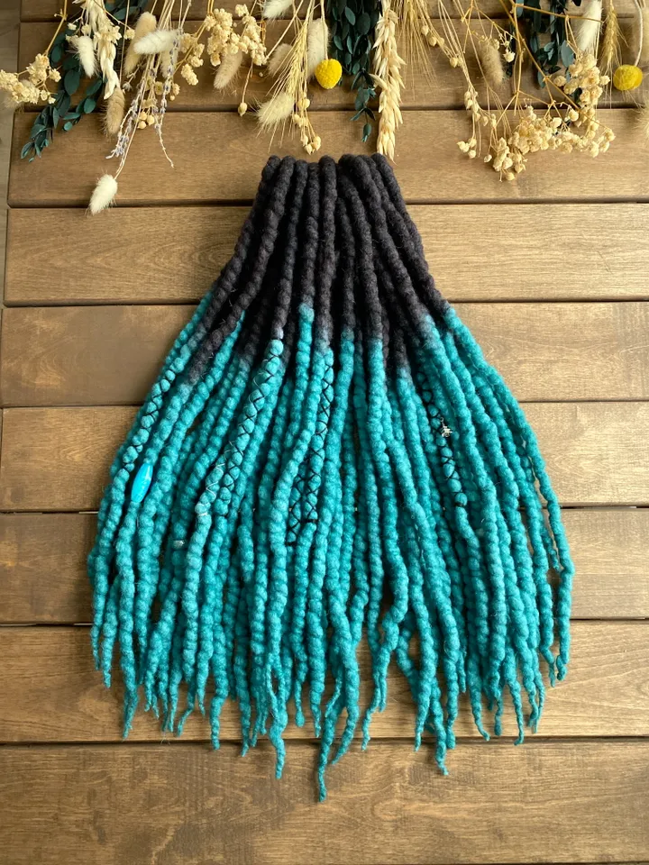 Black and turquoise ombre Wool Double Ended dreadlocks🖤