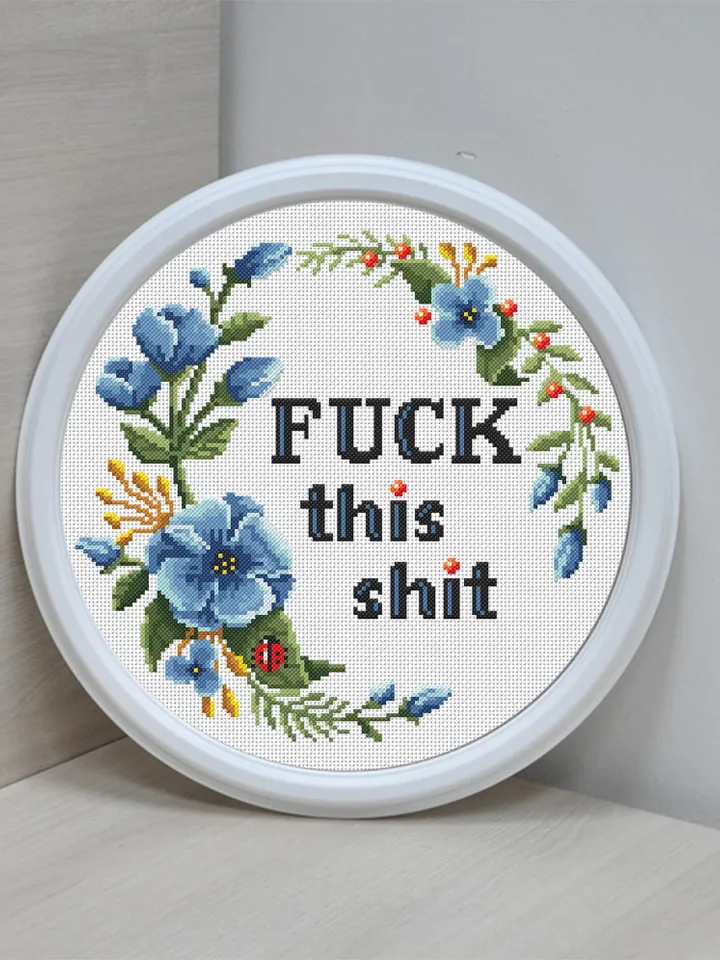 Framed quote Fuck This Shit cross stitch pattern download PDF Flower wreath cross stitch chart, Funny adult cross stitch DIY home decor #Q14