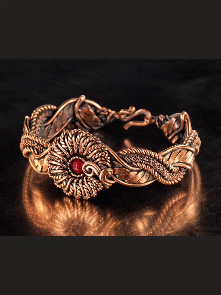 Copper wire wrapped red Agate bracelet for woman, Statement flower jewelry, 7th Anniversary gift for her woman, Unique copper jewelry, Braided Art Nouveau antique style bracelet, Oxidized pure copper, Handmade