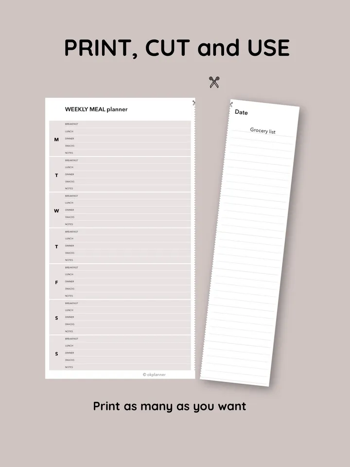 Weekyl meal planner with grocery list. Family budget. Weekly menu. Menu planner sheet. Household planner.