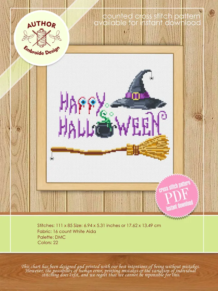 Happy Halloween cross stitch pattern PDF download Witch cross stitch chart, Halloween pattern digital PDF Witch hat Halloween embroidery #H3
