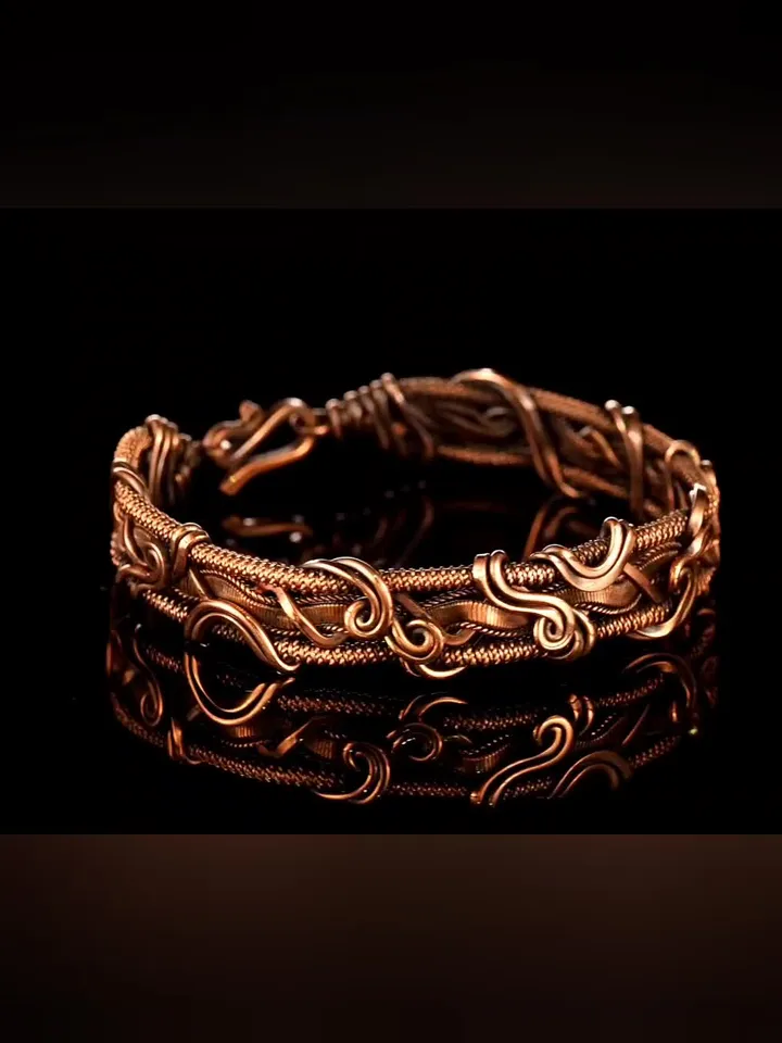 Wire wrapped bracelet, Unique 7th 22nd Anniversary gift idea, Art Nouveau antique style, One of kind braided statement bangle, Handmade oxidized pure copper jewelry, Pain relief, EMF protection