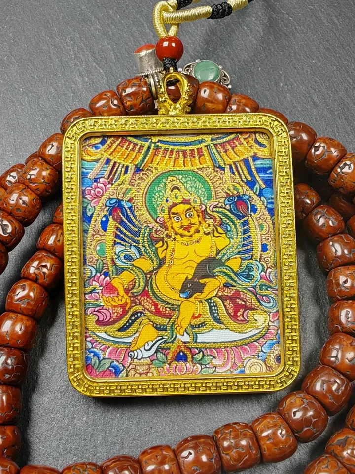 Gandhanra Hand Painted Tibetan Gau Ghau Shrine,Consecration Yellow Jambhala Amulet,Mini Tibetan Buddhist Altar Pendant