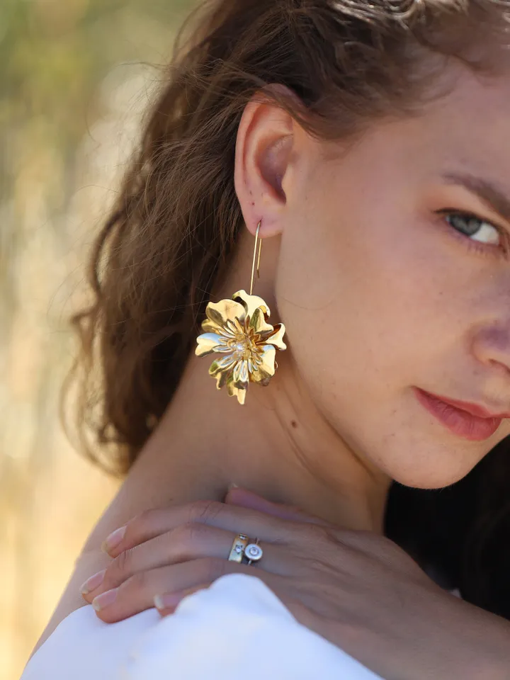 Boho Wedding Earrings, Flower Chandelier Statement Gold Bridal Earrings, Floral Wedding Earrings, Vintage Bohemian Jewelry, Bridesmaid Gift