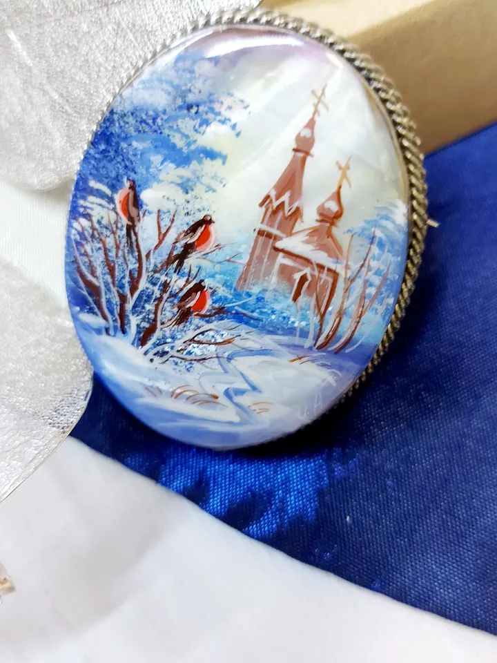 Brooches for women: Church and bullfinches in winter village on hand painted brooch • unique pearl lacquer pin • trendy brooch for dress