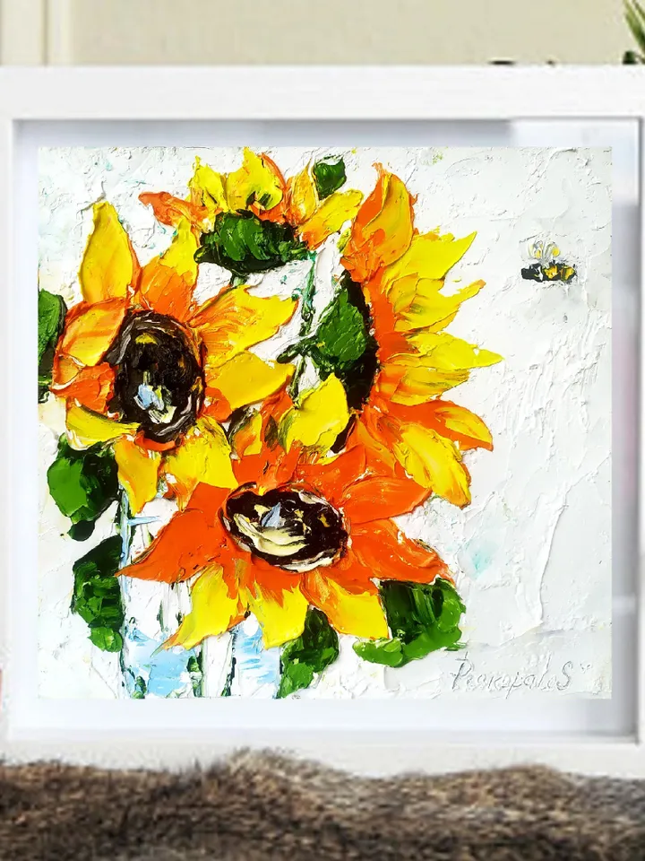 Sunflowers Painting Honeybee Original Art Flowers Impasto Oil Painting Floral Wall Art Flowers Wall Art 8x8