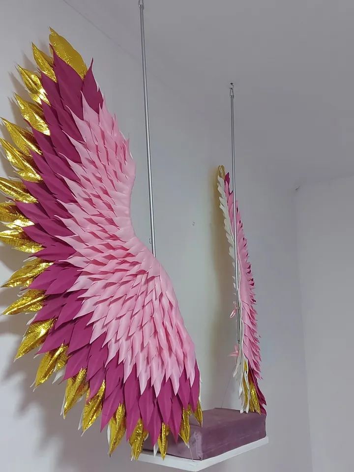 Handmade swing, hanging swing, Large angel wings, fuchsia and gold wings, winged swing,  Party Background nursery decor